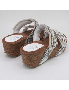 Sabatini Ciabatta Zeppa Doppio Velcro Ethnic Pietre Bianco