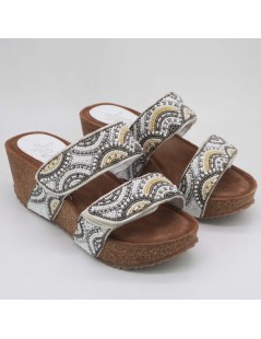 Sabatini Ciabatta Zeppa Doppio Velcro Ethnic Pietre Bianco