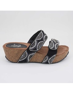 Sabatini Ciabatta Zeppa Doppio Velcro Ethnic Pietre Nero