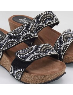 Sabatini Ciabatta Zeppa Doppio Velcro Ethnic Pietre Nero