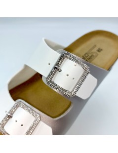 Goldstar gs300qs Ciabatta Zeppa Doppia Fascia Fibbie Strass Bianco Argento