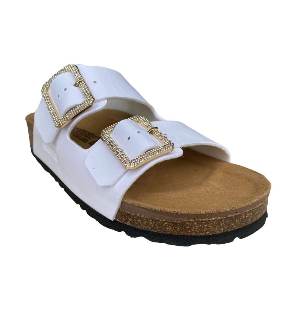 Goldstar Ciabatta Zeppa Doppia Fascia Fibbie Strass Bianco