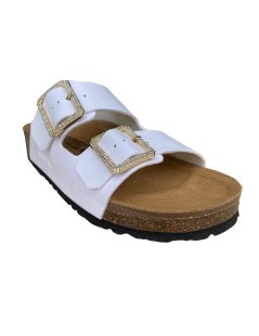 Goldstar Ciabatta Zeppa Doppia Fascia Fibbie Strass Bianco