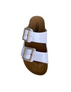 Goldstar Ciabatta Zeppa Doppia Fascia Fibbie Strass Bianco