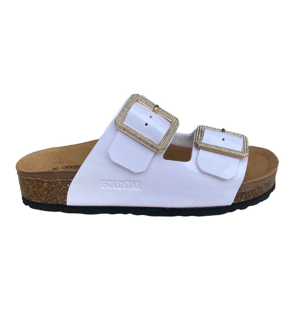 Goldstar Ciabatta Zeppa Doppia Fascia Fibbie Strass Bianco