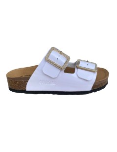 Goldstar Ciabatta Zeppa Doppia Fascia Fibbie Strass Bianco