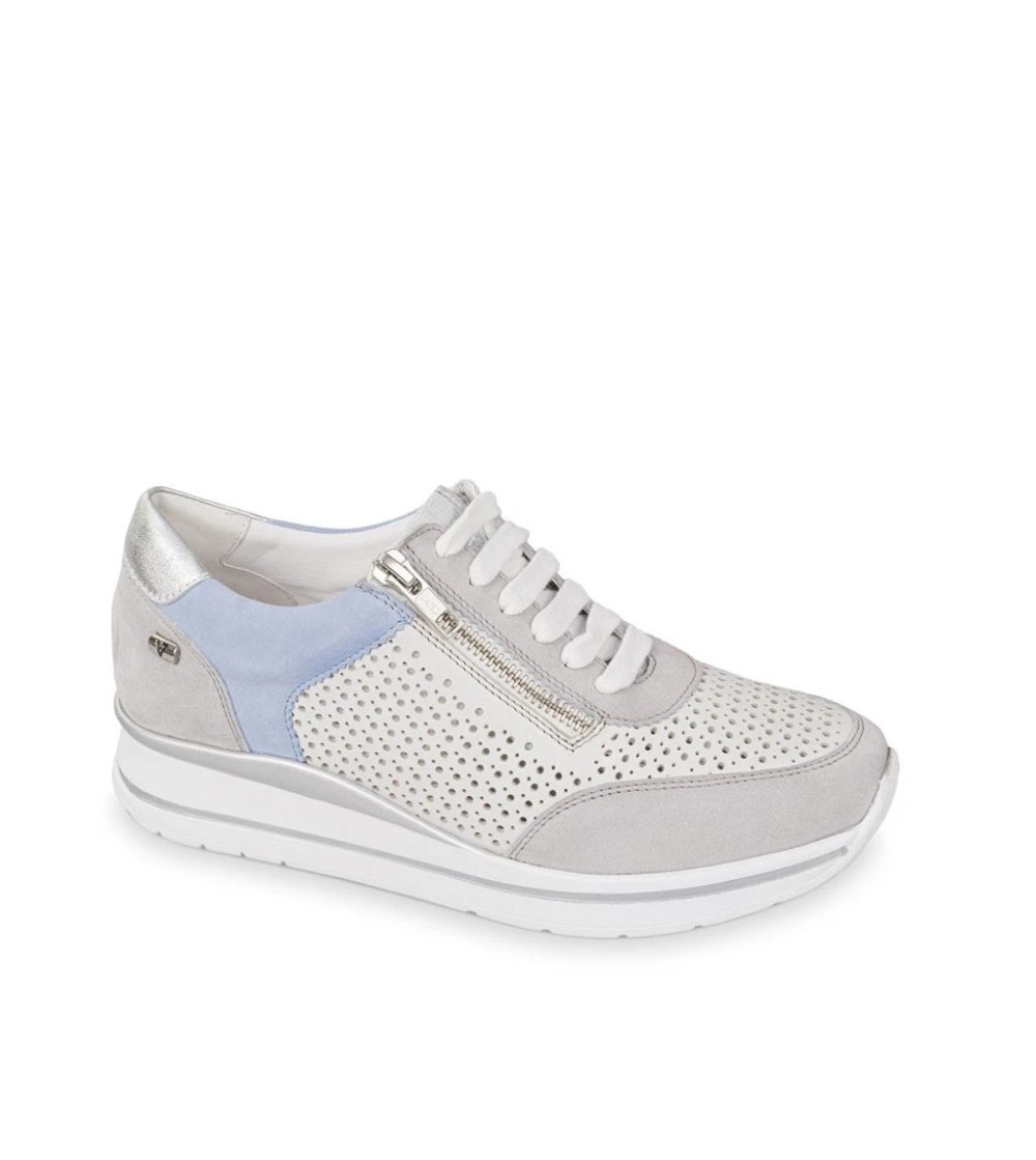 Valleverde Sneakers Traforata Zeppa Dettagli Camoscio Zip Grigio Inserto Azzurro
