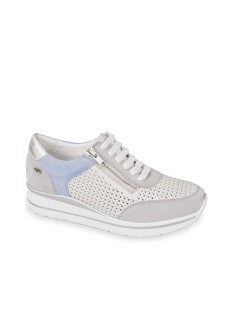 Valleverde Sneakers Traforata Zeppa Dettagli Camoscio Zip Grigio Inserto Azzurro