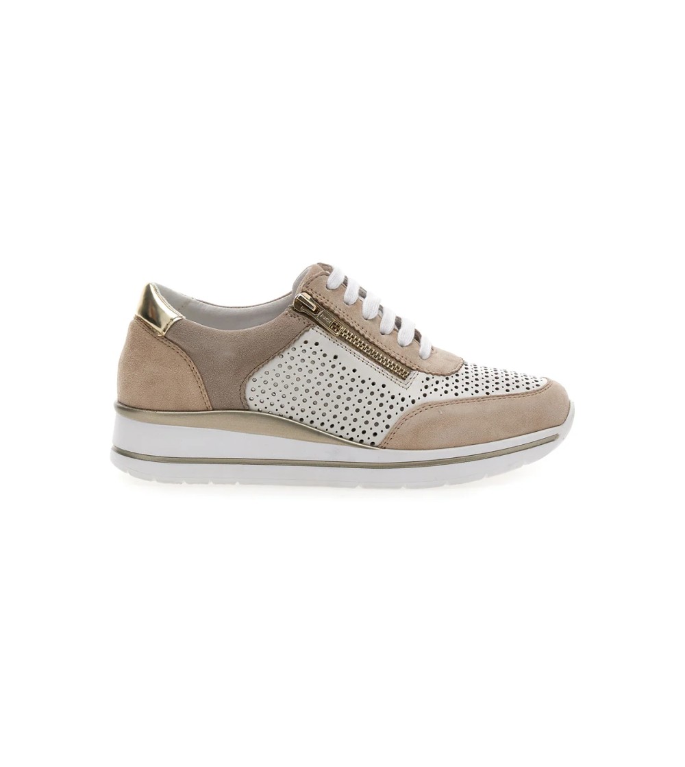 Valleverde Sneakers Traforata Zeppa Dettagli Camoscio Zip Beige