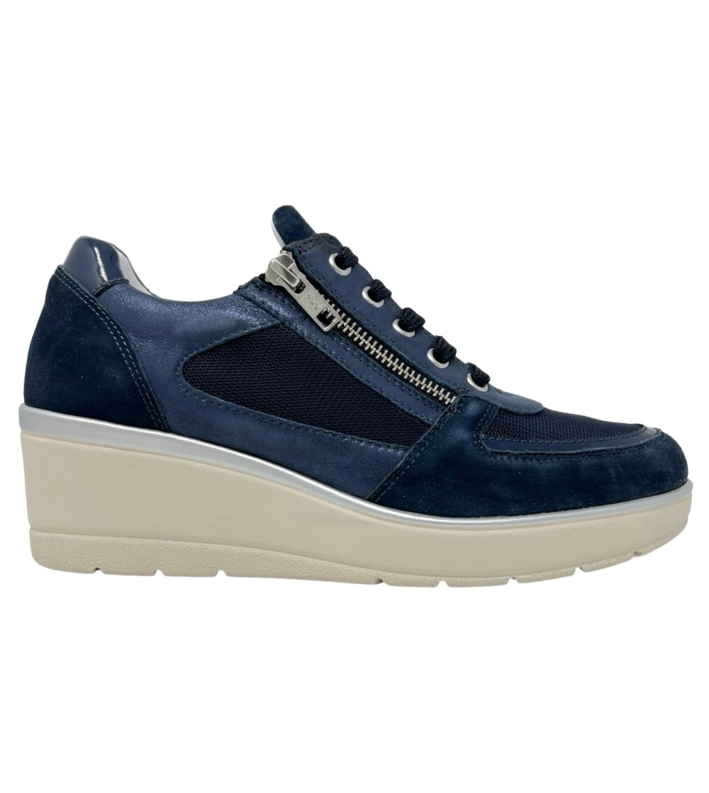 Valleverde Sneakers Zeppa Tessuto Dettagli Camoscio Zip Blu
