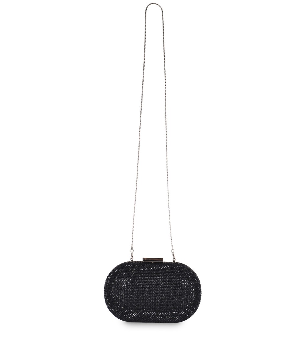 Scheilan Pochette Rigida Rettangolare Ovale Strass Clips Silver Nero