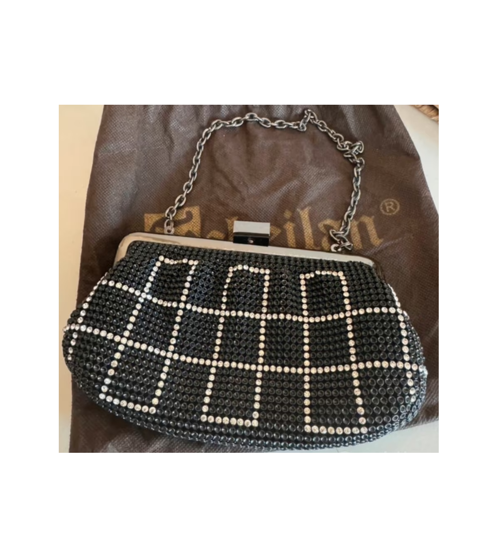 Scheilan Pochette a Mano con Strass e Catena Chiusura Metallica Nero