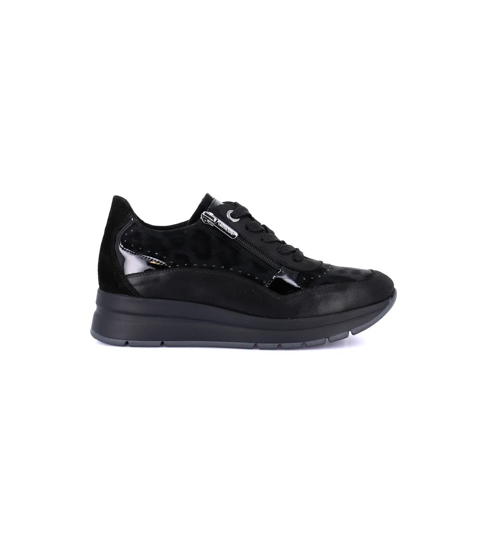 Grunland Sneakers Zeppa con Zip Strass Nabuk Stampa Animalier Nero