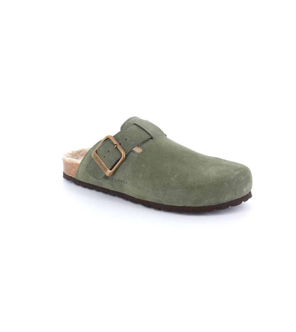 Grunland Ciabatta Boston Sottopiede Lana Fibbia Oliva
