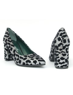 Le Gazzelle Decollette Tacco Largo Animalier Laminato Argento Nero