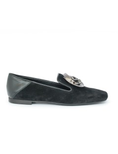 Hego's Mocassino Tacco Basso Accessorio Fiore Camoscio Nero