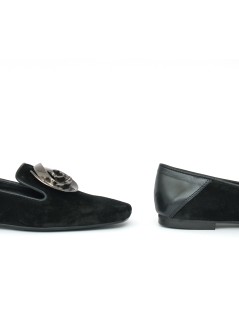Hego's Mocassino Tacco Basso Accessorio Fiore Camoscio Nero