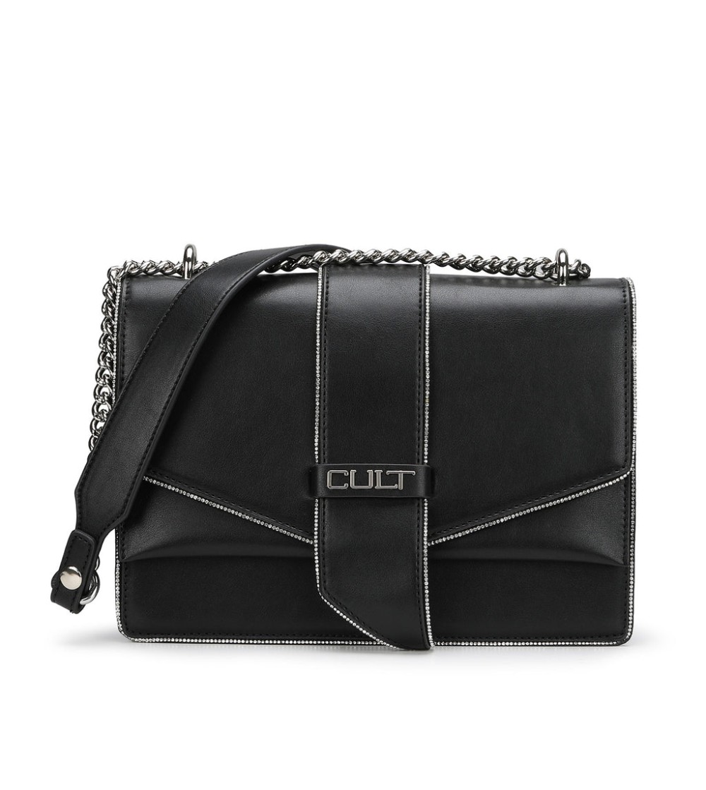 Cult Mini Bag Rettangolare Patta Bottoni Logo Strass Tracolla Catena e Similpelle Nero