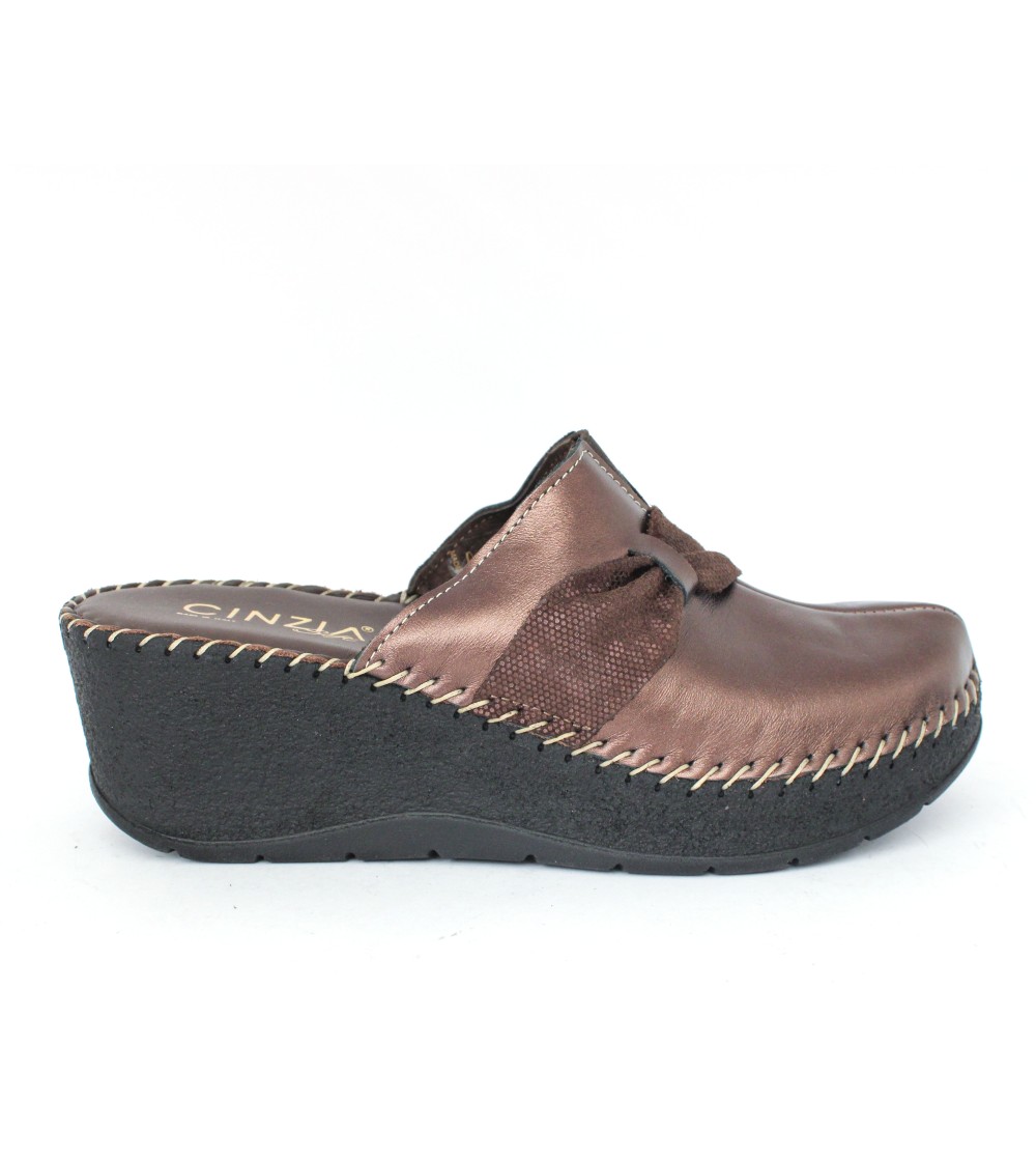 Cinzia Soft Ciabatta Zeppa Alta Tutto Pelle Fiocco Bronzo