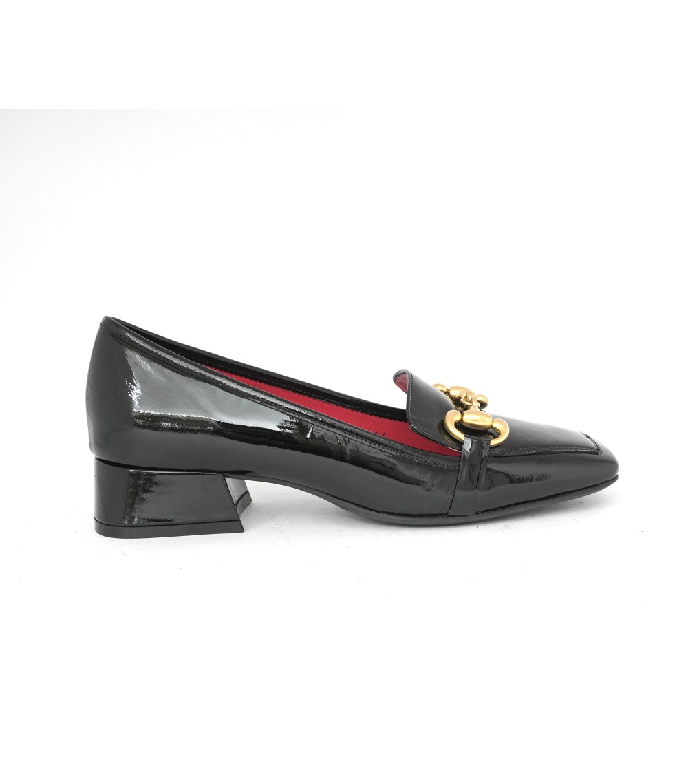 Le Babe Mocassino Tacco Basso Accessorio Oro Vernice Nero