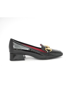 Le Babe Mocassino Tacco Basso Accessorio Oro Vernice Nero