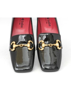 Le Babe Mocassino Tacco Basso Accessorio Oro Vernice Nero